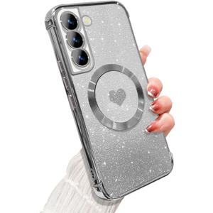 ZONRW for Samsung Galaxy S21 Case Magnetic,for Women Girl Soft Luxury Plating Bling Gradient Glitter Cute Heart Cover Compatible with MagSafe Clear Shockproof Protective Phone Case 6.2-Silver