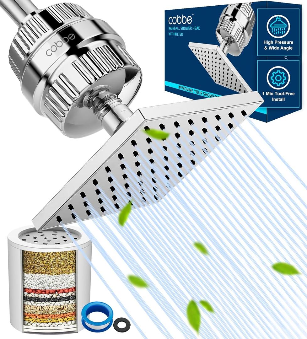 Cobbe High Pressure Filtered Shower Head Combo, Rain Shower Head with 20 Stage Shower Head Filter for Hard Water - Adjustable Replacement Remove Chlorine and Harmful Substances, Chrome (Square)