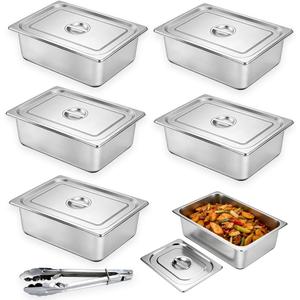 5 Set Hotel Pans With Lids,Stainless Steel Hotel Pans Full Size 6 Inch Deep and a Kitchen Tongs,Catering Food Storage Metal Pan,Anti-Jam Chafing Steam Table Pans for Restaurant Commercial andKitchen.