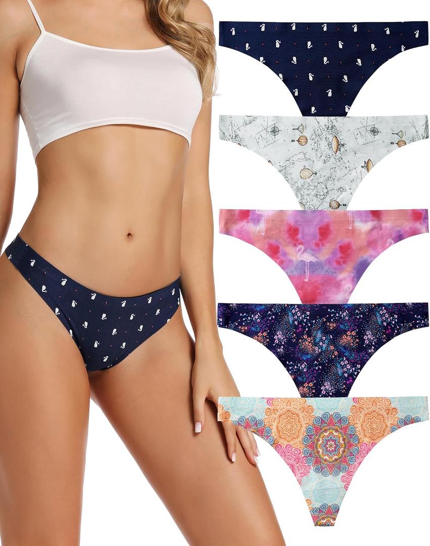 voenxe Seamless Women Underwear Thongs,No Show Ladies Thong,No Line Workout Breathable Comfortable Panties,Soft Undies,5-Pack (Color: B-5 Pack Pattern Design, Size: X-Large)