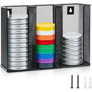 Wall Mounted Mason Jar Lid Organizer Metal Mason Jar Lid Holder 3-Compartment Mason Jar Lid Rack Vertical Mason Jars Lid Storage Wide Mouth Canning Lid Holder Stackable for Kitchen Countertop