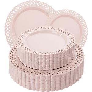 COLOSUS 60Pcs Pink Plastic Plates, Plastic Disposable Plates, Fancy Pink Scallop plates, Heavy Duty Lace Plate Set include 30 Dinner Plate 10” and 30 Salad/Dessert Plate 7.5”for Easter Day