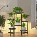 iDavosic.ly 6 Tier Folding Plant Stand Indoor Outdoor with Grow Light, Tiered Corner Flower Holder Shelf with Plastic Tray, Metal Orchid Display Rack for Patio Porch Living Room Garden Balcony, Black