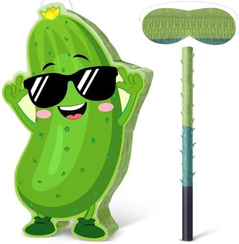 Gueevin Pickle Piñata Pickle Birthday Party Decorations Supplies Cute Cartoon Cucumber Piñata Set with Stick Blindfold for Dill Vegetable Themed Birthday Baby Shower Celebration Decorations