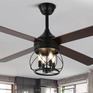 52 Inch Farmhouse Ceiling Fan with Light and Remote Industrial Ceiling Fan Quiet and Reversible DC Motor Rustic Caged Chandelier Fan for Living Room Bedroom Patio (Caged Frame)