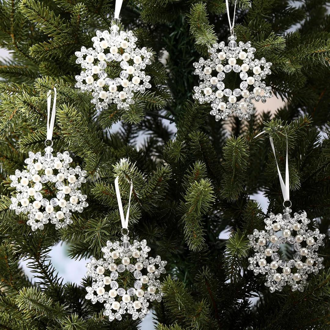 Halloscume 5 Pcs Christmas Crystal Beaded Snowflake Ornaments 3.2 Inch Clear Acrylic Pearls Beaded Hanging Ornaments Kits Christmas Tree Decorations for Winter Party Indoor Home Decorations(White)