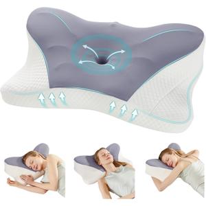 DUMOS Cervical Neck Pillow, Cooling Ergonomic Memory Foam Pillows for Neck Pain Relief with Breathable Pillowcase, Dual Height Orthopedic Support Contour Pillow for Side, Back, Stomach Sleepers, Grey (Queen Size (24"L x 14"W))