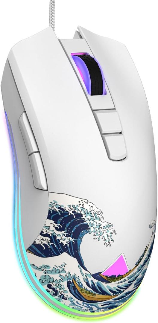 COSTOM Womier G705 USB Wired Gaming Mouse for PC Computer Windows Mac Laptop, Lightweight Silent RGB Backlit Mouse with Adjustable 12000DPI/7 Programmable Side Buttons,White Kanagawa Theme