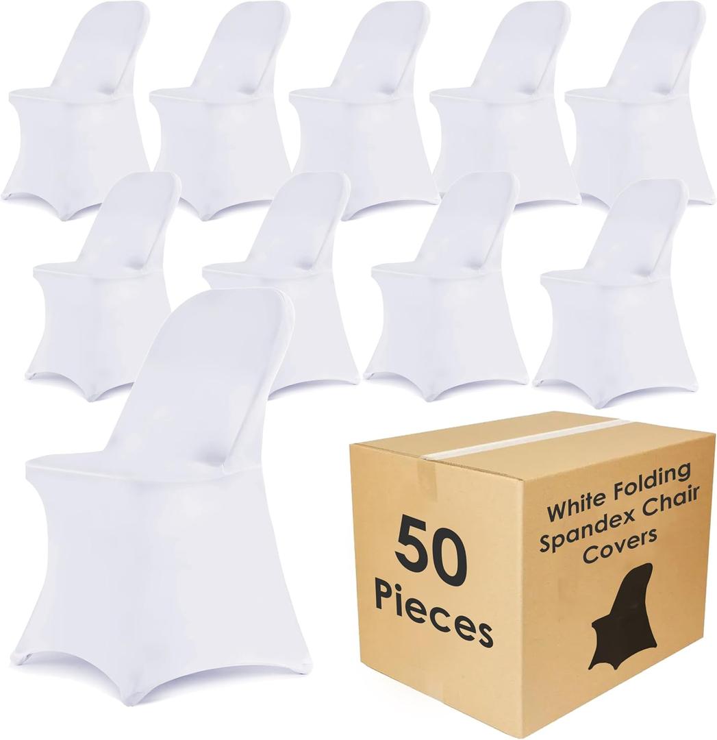 Craft And Party 50 Pack White Spandex Folding Chair Covers, Stretch Polyester Slipcovers for Wedding, Party & Dining Chairs Flat Front Design, Universal Fit
