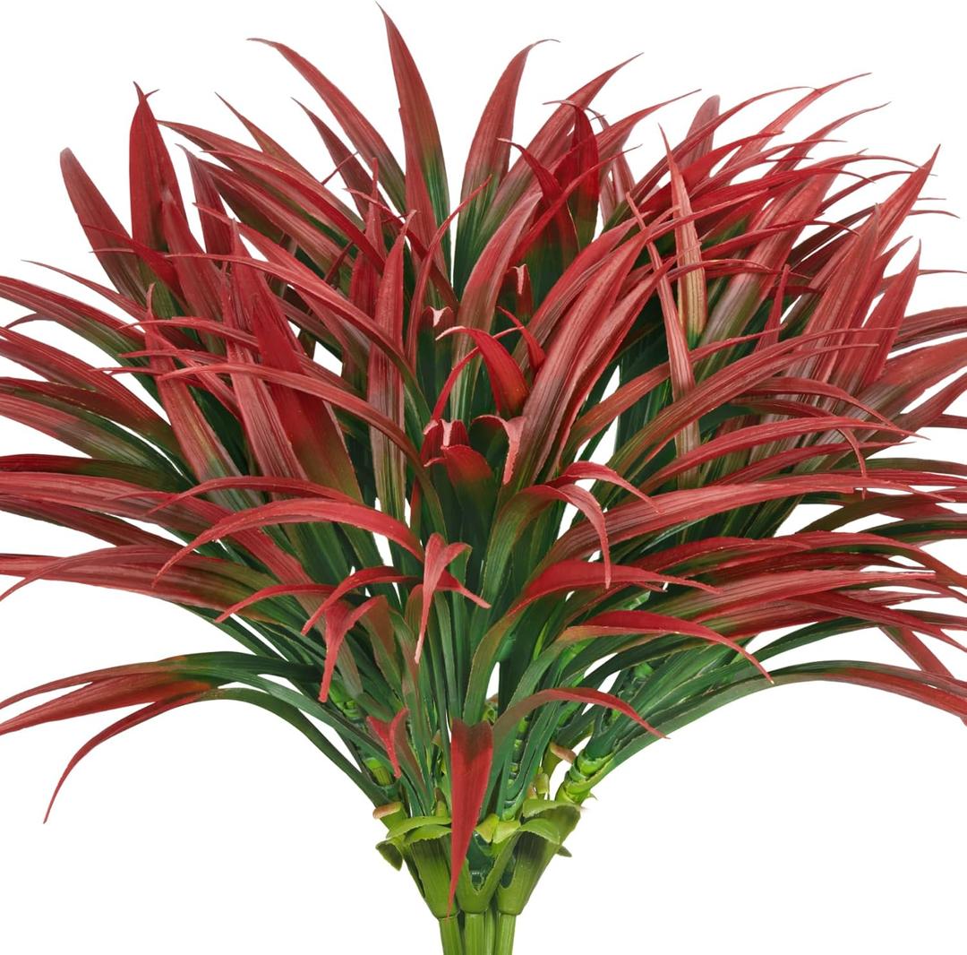 Ouddy Decor 20 Pcs Fake Outdoor Plants Artificial Grass Greenery Stems Faux Plastic Plants UV Resistant for Spring Summer Indoor Outside Garden Hanging Planter Porch Patio Window Box Home Decor, Red