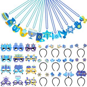 36 Pcs Hanukkah Party Favors Set with Chanukah Eyeglasses Hexagram Star Menorah Dreidel Headbands Hanukkah Bead Necklace Costume Accessories Decorations for Chanukah Party Supplies