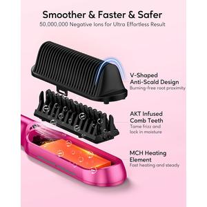 Terviiix Frizz Buster Ionic Hair Straightener Brush with MCH Heater - Rapid 450F in 20S, Hair Straightener Comb for Efficient One-Pass, Anti-Scald, 13 Heat Settings, Dual Voltage, Pink