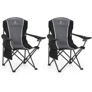 ALPHA CAMP Oversized Camping Folding Chair - Heavy Duty Steel Frame Support 350 LBS, Collapsible Padded Arm With Cup Holder, Quad Lumbar Back, Portable for Outdoor/Indoor (Black Grey-2pc)