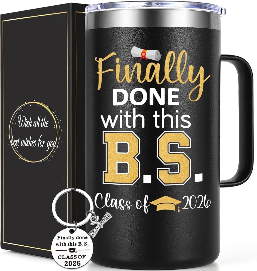 Lifecapido College Graduation Gifts, Finally Done With This B.S. Class of 2026 20 oz Insulated Coffee Mug with Keychain, 2026 College Graduation Gifts, Black