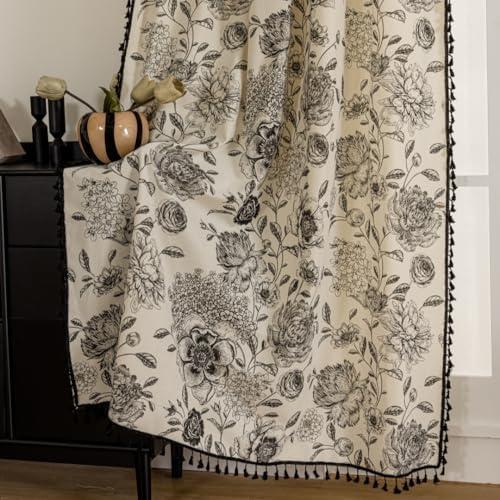 F-CHU Bohemian Curtains for Bedroom 63 Inch Length French Country Floral Drapes Farmhouse Rustic Window Curtain Panels for Bedroom Chic Cotton Linen Blend Toile Curtain，1 Panel