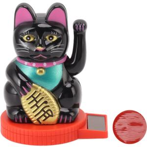 Lucky Cat Waving Arm, Solar Powered Waving Cat Japanese Maneki Neko Solar Fortune Cat with Waving Hand Paw up for Feng Shui Welcoming Beckoning Cat Statue Decoration(Black)