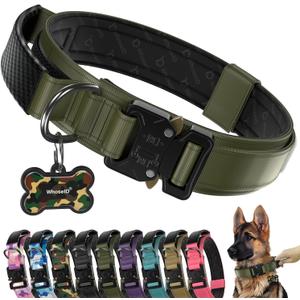 WhoseID Premium Tactical Dog Collar - Adjustable Military Heavy Duty Dog Collar for Medium Large Dogs - Durable Metal Buckle Dog Collar with Leather Control Handle and Soft Comfortable Padding (M: Fits Neck 14.5"-18.5", Army Green)