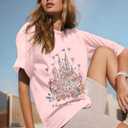 Flafens Oversized Tshirts for Women - Graphic T Shirt Loose Tees Crewneck Sleeve Top Cute Fashion Summer Pattern Print Tops, M, Castle Flower