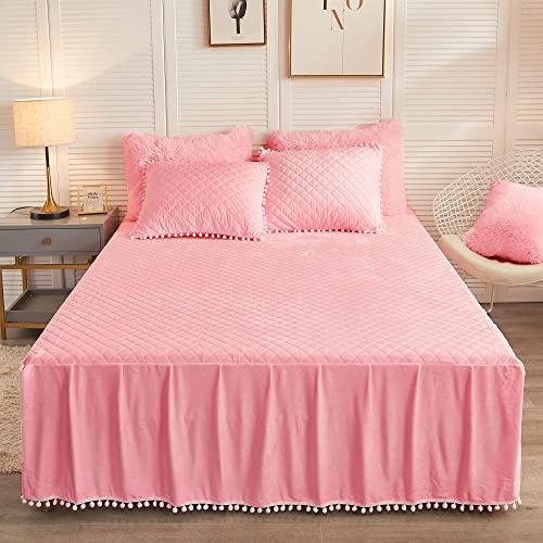 LIFEREVO Luxury Pom Poms Velvet Bed Skirt, Velvet Wrap Around Bed Skirt, Diamond Quilted Fitted Bed Sheet with Bedskirt, 18 Inch Drop Dust Ruffle Decorative Bedspread Pompoms Fringe(Full/Queen, Pink)