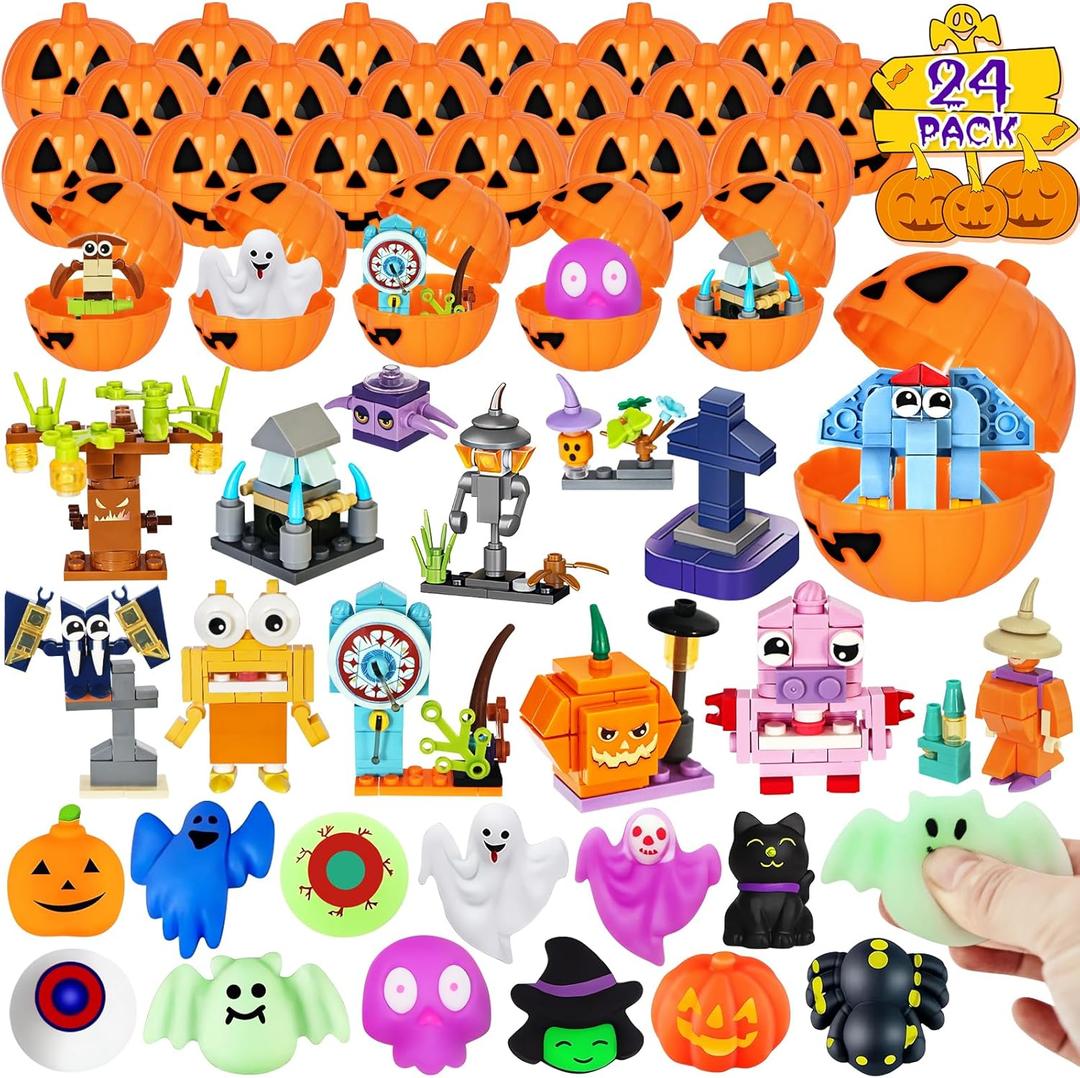 Adisher Halloween Party Favors,12Pcs Mochi Squishy 12Pcs Building Blocks and 24Pcs Pumpkin Boxes, Goodie Bag Fillers Classroom Prizes Trick or Treat Halloween