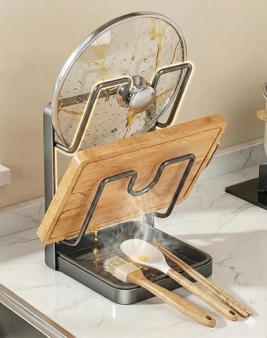 Kitchen Pot Lid Storage Rack & Organizer  Metal Pot Lid Holder While Cooking for Countertop  Heavy Duty Pan Lid Holder Stand with Drip Tray & Spoon Rest for Spatulas, Ladles & Large Lids (2-Layer)