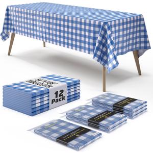 Exquisite Picnic Table Cover - 12 Pack Premium Rectangle Plastic Tablecloth - Blue & White Checkered BBQ Plastic Table Cover - Gingham Checkerboard Disposable Plastic Tablecloth 54" x 108" Rectangle