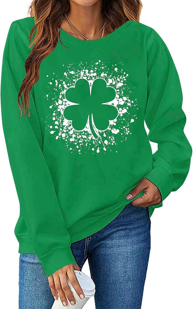 Women St. Patricks Sweatshirts Shamrock Shirts Lucky Clover Graphic Tees Irish Gift Pullover Long Sleeve Tops (L)
