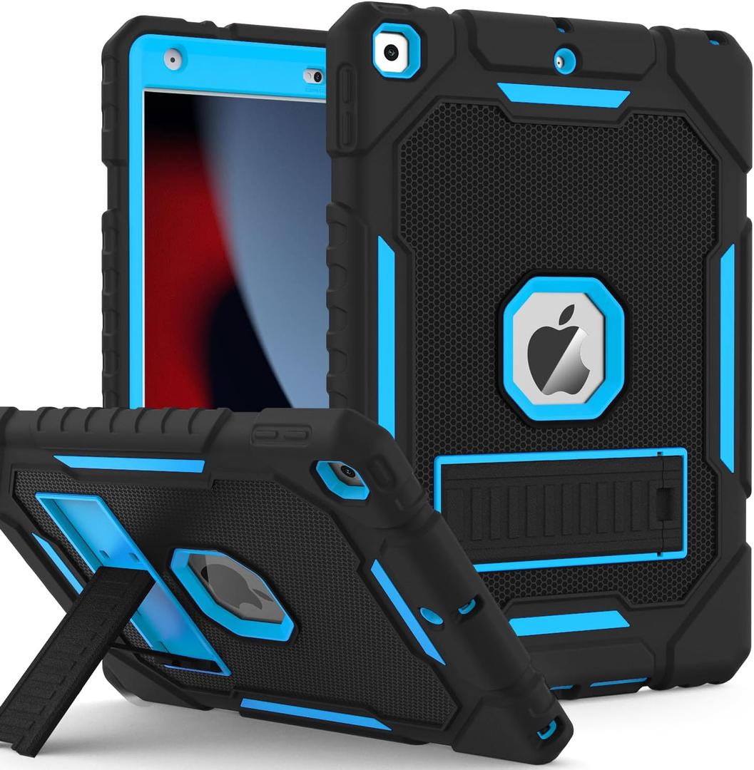 Case for iPad 9th/8th/7th Generation 2021/2020/2019(10.2 inch), Heavy Duty Military Grade Shockproof Rugged Protective 10.2" Cover with Built-in Stand for iPad 9 8 7 Gen (Black+Blue)