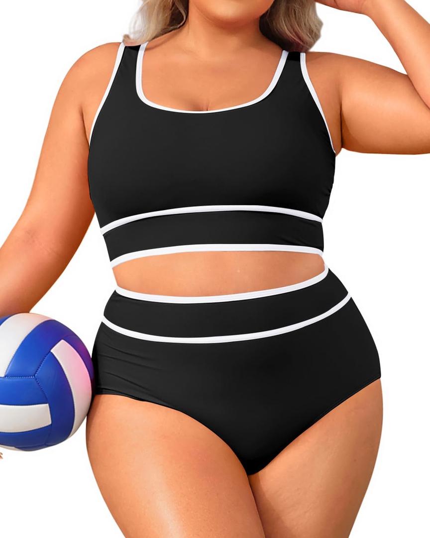 Aqua Eve Plus Size One Piece Swimsuit with Sleeve Tummy Control Bathing Suit Ruffle Vintage Swimwear Black, 22W