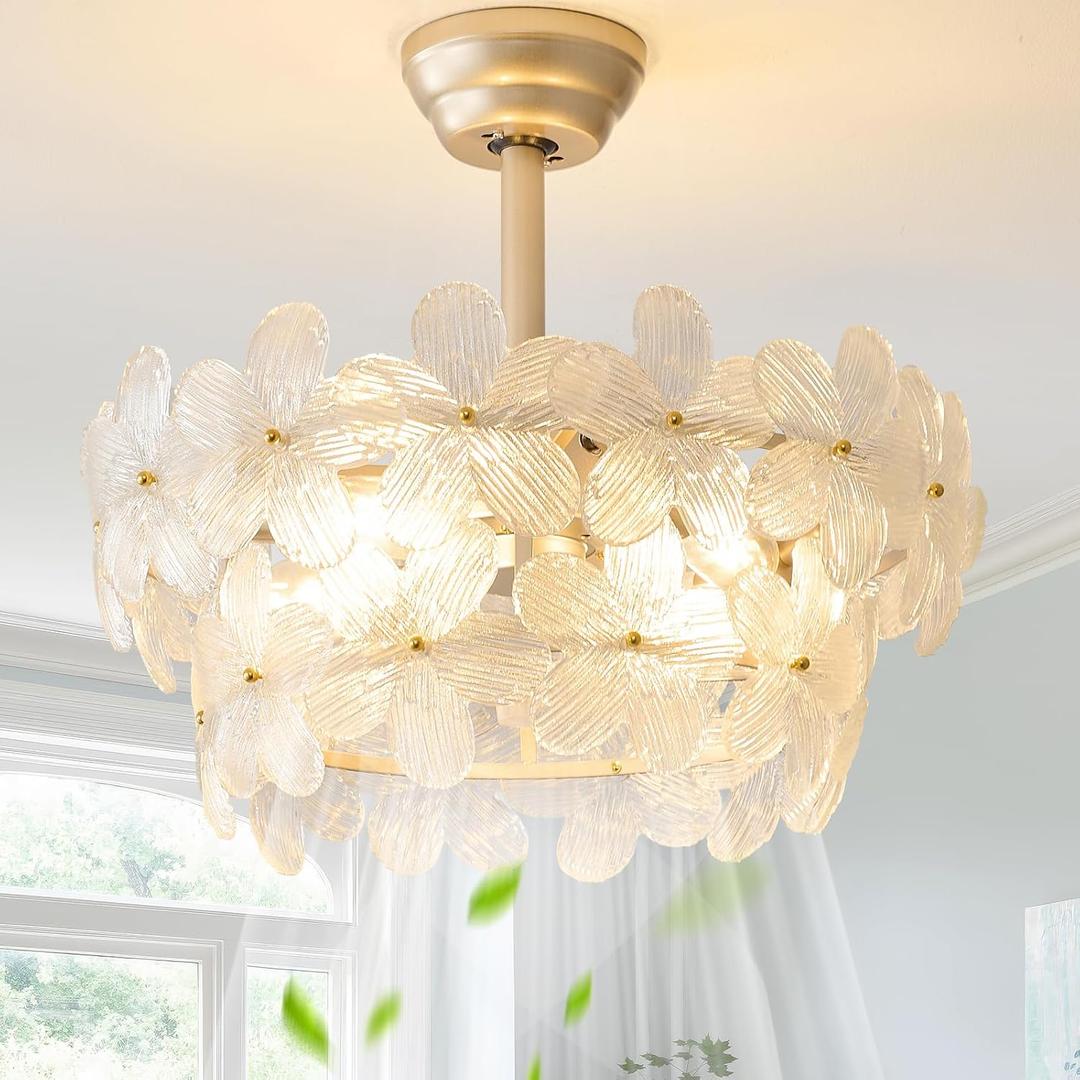 Gold Crystal Fandelier Ceiling Fans with Lights, 20" Gold Flower Chandelier Ceiling Fan with Light Remote Control, Caged Mid-Century with 6 Speeds for Bedroom, Nursery, Living Room