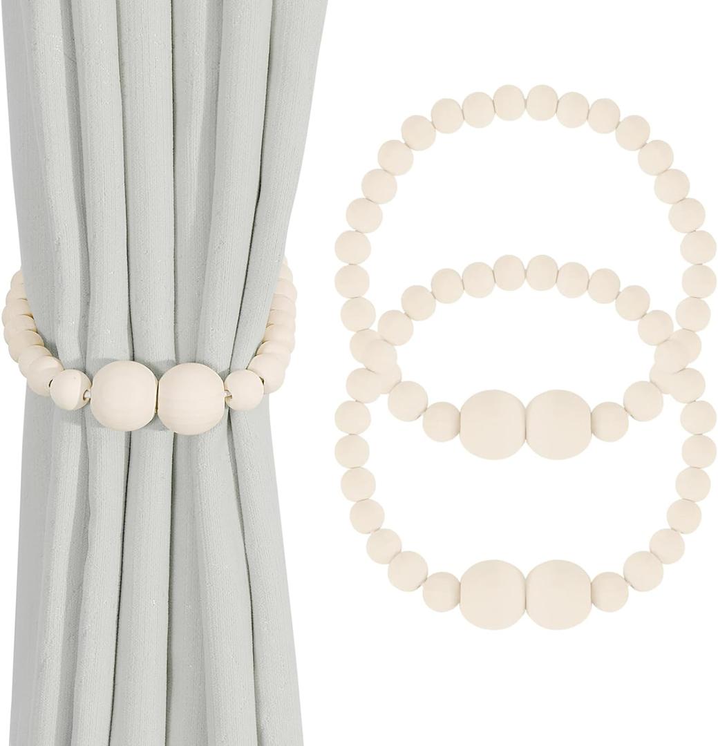 Magnetic Curtain Tiebacks, 2 Pack Curtain Holdbacks for Draperies, Wood Bead Curtain Tiebacks, Elegant Curtain Tie Backs for Bedroom Decor, Boho Room Decor, Nursery Decor, Farmhouse Decor