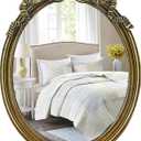 Vintage Oval Wall Mirror & Tabletop Vanity Mirror - Antique Gold Frame with Decorative Bow Design, Retro Traditional Chic Makeup Desk Decor - 12.6" x 9.85"