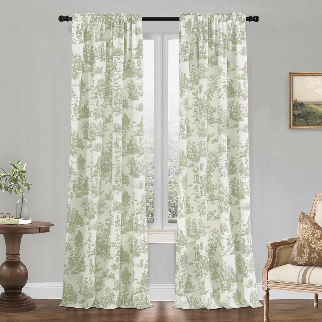 Sage Green Curtains 96" Long for Bedroom,Room Darkening Toile Patterned Draperies Semi Sheer Curtins/Living Room 2 Panel 60% Blackout Printed Curtain,96" Length,Cream and Grey Gray Green