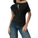SOLY HUX Women's Off The Shoulder Top Short Sleeve Asymmetrical Fitted T Shirts Going Out Summer Tees Pure Black Medium