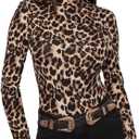 Floerns Women's Long Sleeve Mock Neck Slim Snakeskin T-Shirt Tops (Medium, Leopard)