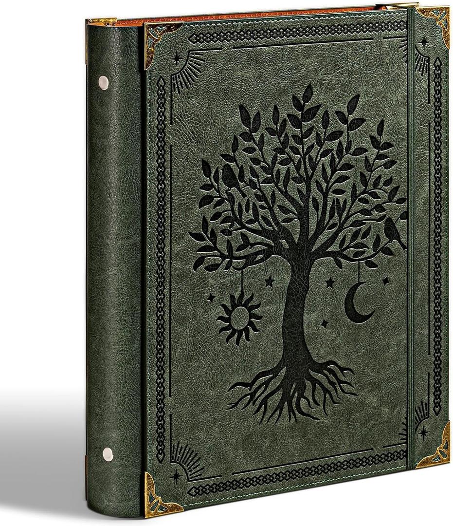 Ovesmusl PU Leather 3 Ring Binder Fits 8.5"x11" Letter Size Paper, 1.5 Inch Round Ring Binder Holds 350 Sheets, Notepad Paper Cover Loose Leaf Organizer, Green Tree