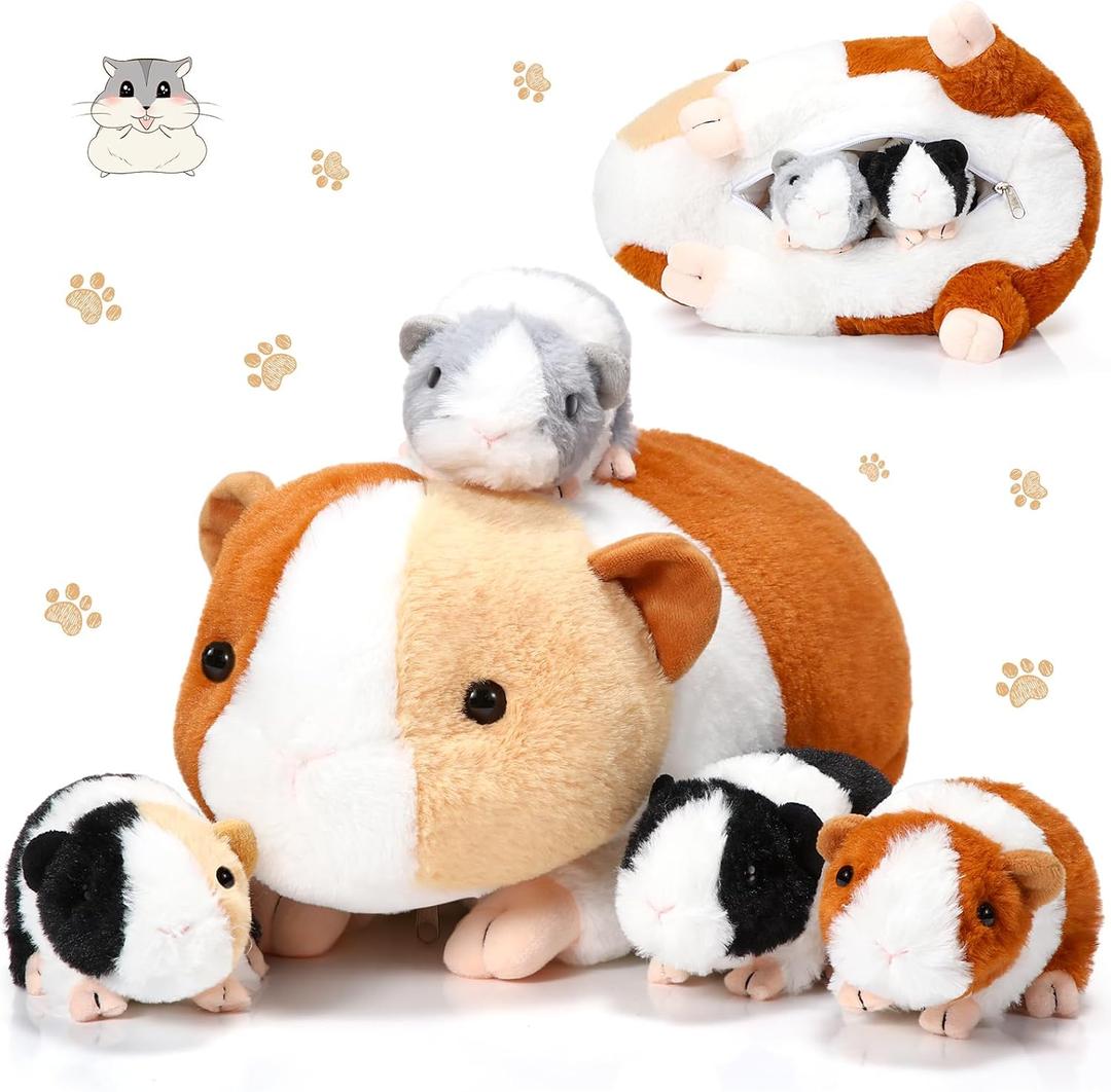 5 Pcs Plush Guinea Pig Stuffed Animals 16 Inch Mama Guinea Pig with 4 Cute Plushie Babies Soft Animals Pillow Gift for Boys Girls Birthday