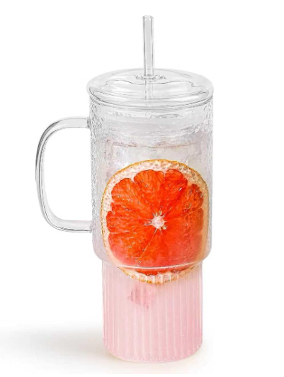 32oz Ribbed Borosilicate Glass Tumbler with Handle, Bamboo Lid and Straw (clear-1 Pack-glass Lid)