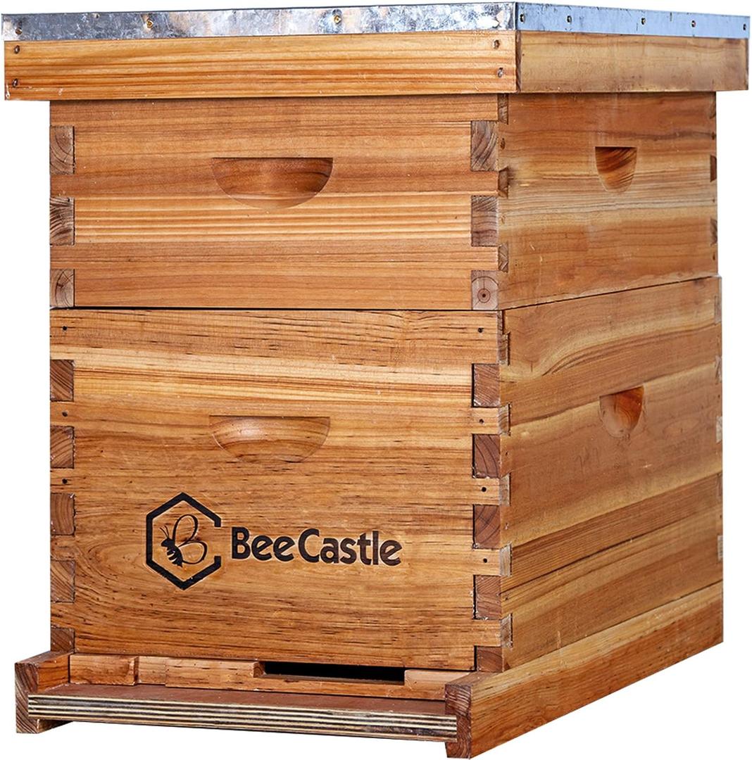 BeeCastle 8 Frame Langstroth Bee Hive Coated with 100% Beeswax Includes Beehive Frames and Waxed Foundations (1 Deep Box & 1 Medium Box)