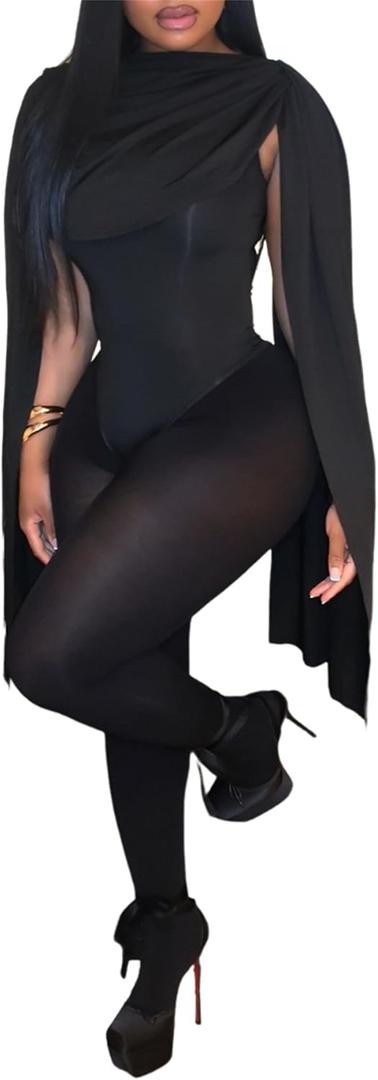 Women's Sexy 2 Piece Outfits Ruched Crowl Neck Cape Sleeve Thong Bodysuit Top Sheer Stockings Club Jumpsuits (Black, Large)