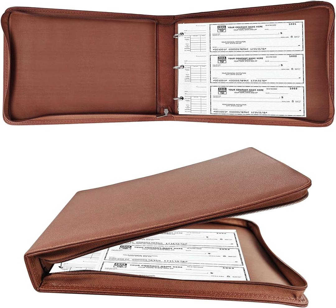 LLi Cufite 3 Rings Check Binder for End-Stub Deskbook Checks, Zipper Business Check Binder, 3 on a Page, Fit 3 & 9 Holes Check Faux Leather (9" x 11 1/4") (Brown)