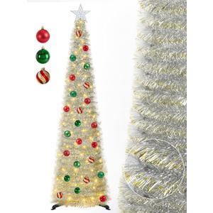 5 FT Pop Up Christmas Tree with Timer Lights and Decorations, Silver Tinsel Artificial Christmas Tree with 24 Balls Ornaments, Collapsible Pencil Tree for Xmas Home Office Party Decor (Silver - Gold Edges)