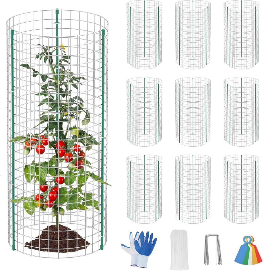 10-Set 12 x 24 Plant Protector from Animals, Hot-Dip Galvanized Metal Mesh Plant Cages, Dual-Secure with U-Stakes & Supports, Animal Barrier to Keep Rabbits & Chickens Out of The Graden, Silver White