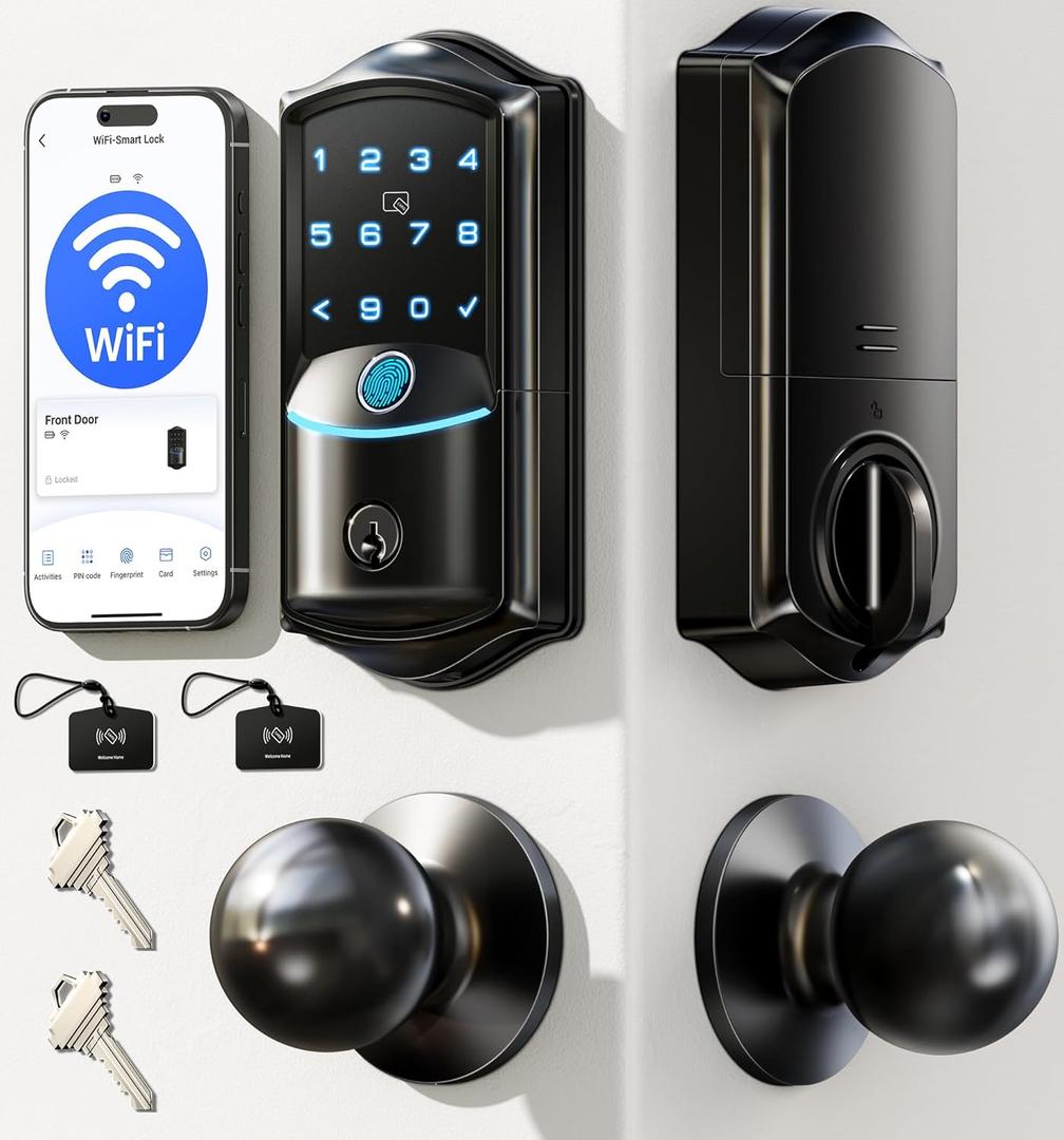 Veise VE027-K Built-in WiFi Smart Lock with 2 Knob, Fingerprint Keyless Entry Door Lock Handle Set for Front Door, App Remote Control, Electronic Digital Keypad Deadbolt, IP65 Waterproof, Matte Black
