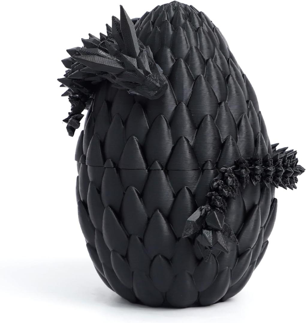 3D Dragon Egg - Easter Egg with Flexible Dragon Inside, Large 3D Printed Gift, Figurine Decor, Executive Desk Toy(12 Dragon, Black)