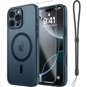 Janmitta Magnetic for iPhone 16e/17e Case,with Screen Protector+Wrist Strap,Compatible with MagSafe,Camera Protection,Military Grade Drop Protection,Slim Translucent Matte Phone Cover,Navy Blue