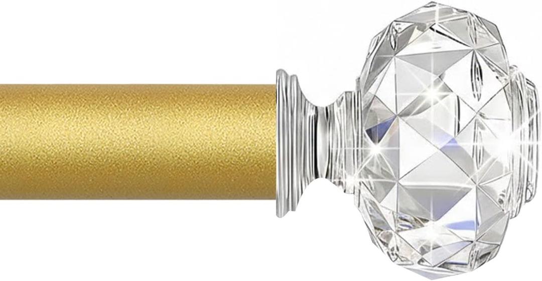 TVWOO Gold Decorative Crystal Curtain Rods:36-88 Inch Heavy Duty Adjustable Window Curtain Rods for Bedroom Living Room,Brass Golden Modern Girly Acrylic Drapery Pole with Sheer Bling Diamond Finials