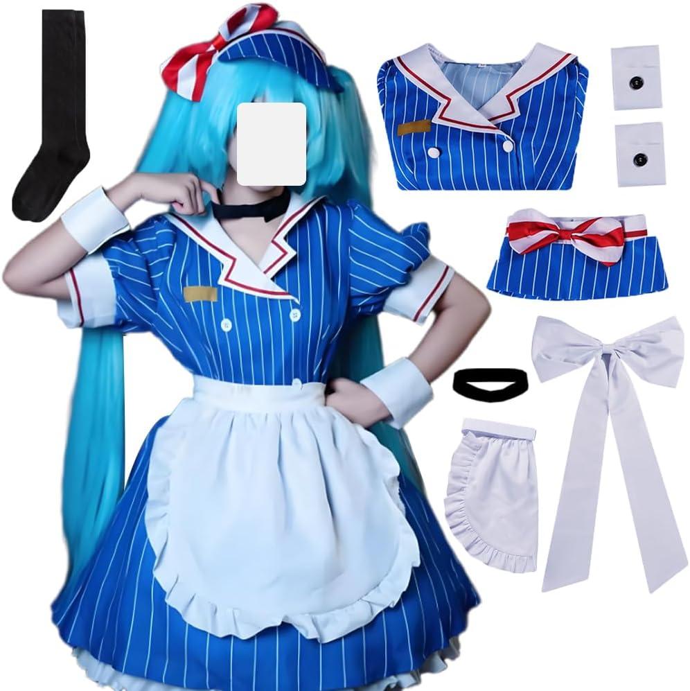 Women Cosplay Costume Blue Maid Dress Uniform Outfit Full Set, 1XL