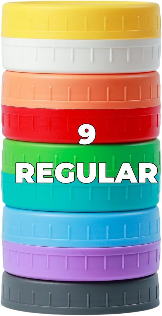 Bedgeta 9Pcs Mason Jar Lids, Regular Mouth Plastic Mason Lids, Leak Proof Canning Lid with Silicone Ring for Ball, Kerr and More, Reusable Can Tops, Colored Caps Covers for Jars