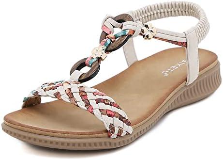 Unifizz Women's Summer Sandals Comfortable T-Strap Flower Beaded Classic Flat Elastic Sandals Dress Shoes for Outdoor Beach Wedding, Size 9,5